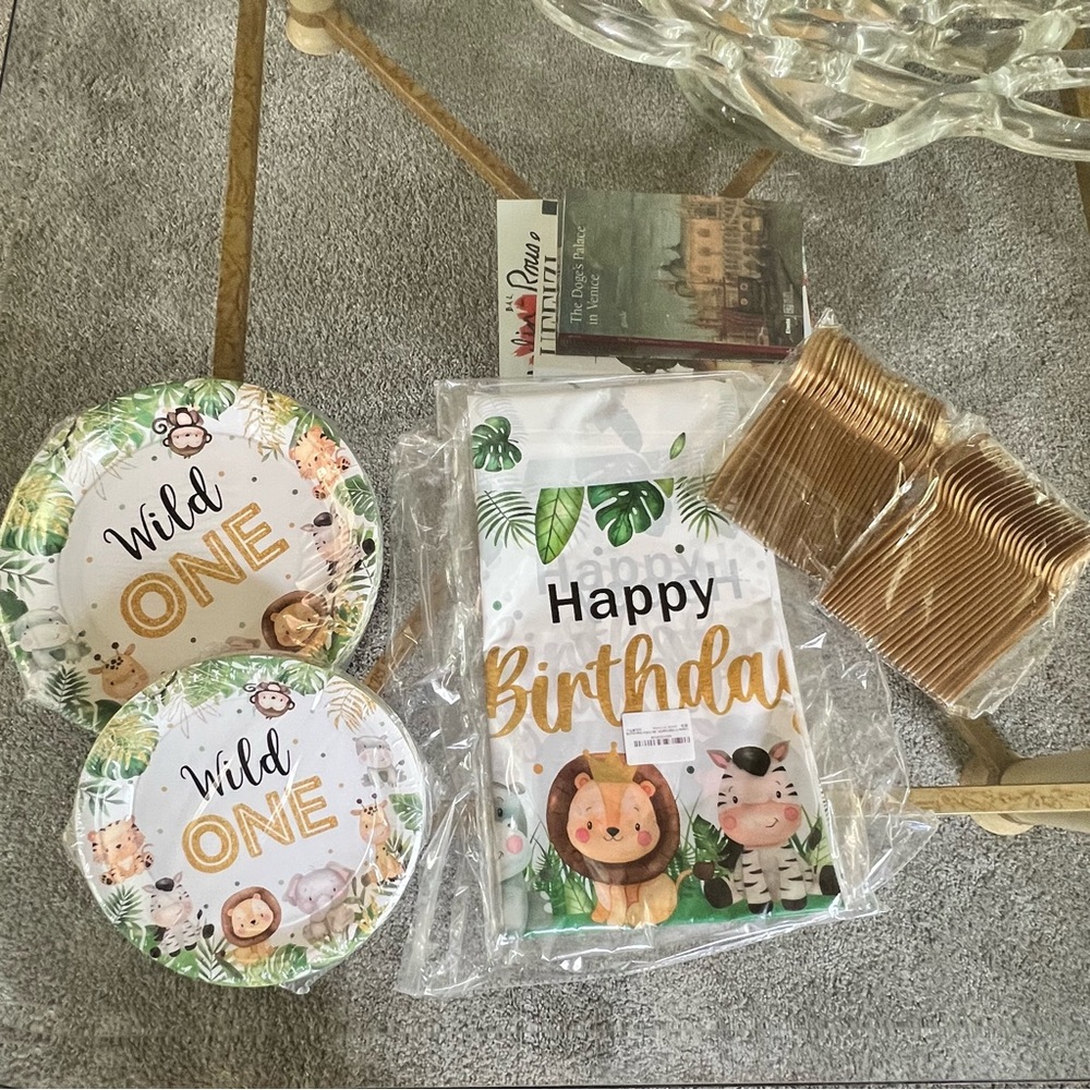 Baby Animal-Wild One-Birthday Party-Plates-Tablecloth-Spoons-All New-Sealed Pkgs